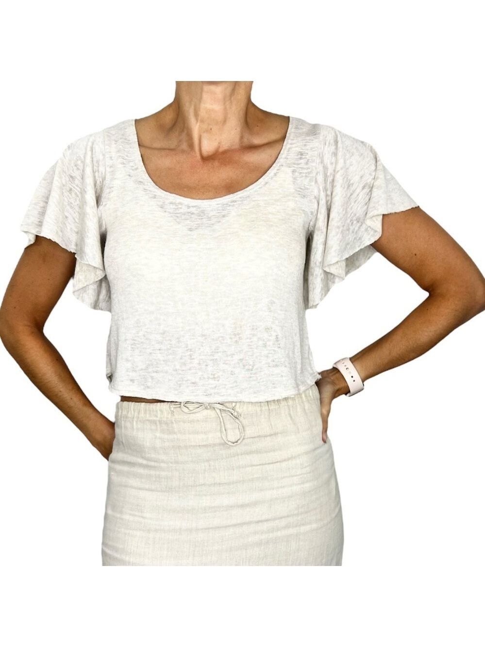Abercrombie oatmeal beige cropped linen style burnout flutter sleeve top XS